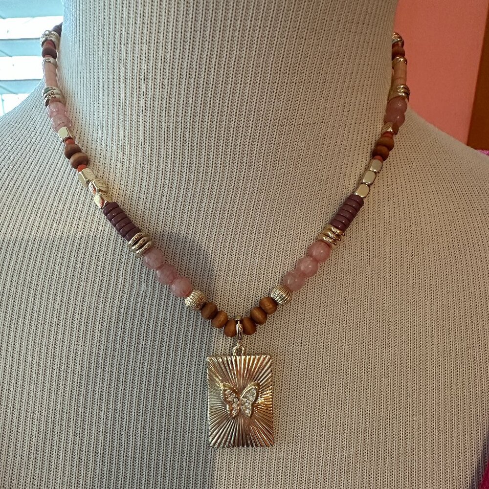 Park Lane Jewelry Story Necklace NIP! butterfly pendant With glass & wood beads